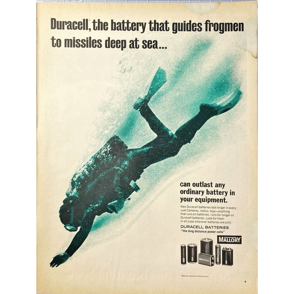 Duracell Batteries "Guides Frogmen to Missiles deep at sea"Vintage Print Ad 1968